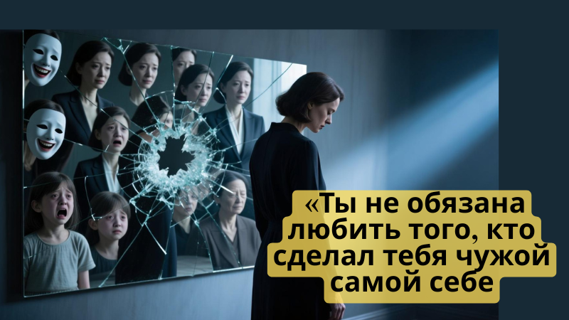 "Разбитое зеркало с чужими лицами. Женщина не видит в нём себя."