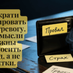 «Открытый кожаный кошелек с тревожными мыслями: Провал, Страх, Тревога. Визуальная метафора того, как мысленная жвачка создает убытки.»