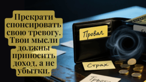 «Открытый кожаный кошелек с тревожными мыслями: Провал, Страх, Тревога. Визуальная метафора того, как мысленная жвачка создает убытки.»