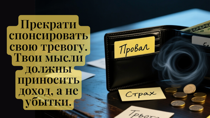 «Открытый кожаный кошелек с тревожными мыслями: Провал, Страх, Тревога. Визуальная метафора того, как мысленная жвачка создает убытки.»